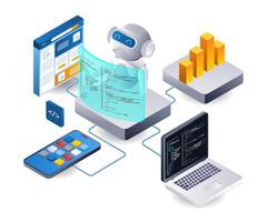 web ontwikkelaar robot technologie toepassing infographic 3d illustratie vlak isometrische vector