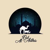 eid al adha mubarak groet Islamitisch illustratie achtergrond bewerkbare creatief uniek ontwerp met kameel koe geit en moskee Bij nacht voor de moslim viering. vector