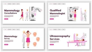 mammografie bestemmingspagina vector sjablonen set. screeningtests voor website-interface-idee voor borstkanker met platte illustraties. medische echografie homepage lay-out. webbanner, webpagina-concept