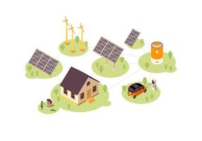 hernieuwbare energie kleur vectorillustratie. eco, groene stroomproductie infographic. oplader voor elektrische auto's. milieuvriendelijk huis 3d concept. windmolen, zonneraster, batterij. webpagina, ontwerp van mobiele apps vector