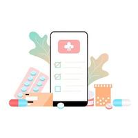 online apotheek app concept van gezondheidszorg, drogisterij en e-commerce. vector van geneesmiddelen op recept, EHBO-kit en medische benodigdheden die online worden verkocht via web- of smartphone-applicatietechnologie.