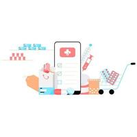 online apotheek app concept van gezondheidszorg, drogisterij en e-commerce. vector van geneesmiddelen op recept, EHBO-kit en medische benodigdheden die online worden verkocht via web- of smartphone-applicatietechnologie.