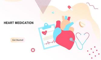 bestemmingspagina van moderne hartmedicatie, onderzoeksconcept voor hartziekten. het bestuderen van hartmodel, medicijnen en hartslagdiagram. vectorillustratie cardiovasculair systeem, cholesterol, medisch onderzoek. vector