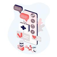 online apotheek app concept van gezondheidszorg, drogisterij en e-commerce. vector van geneesmiddelen op recept, EHBO-kit en medische benodigdheden die online worden verkocht via web- of smartphone-applicatietechnologie.