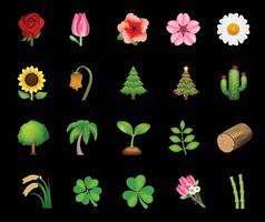 reeks van verschillend types van bloemen, bomen en planten emoji illustratie geïsoleerd Aan wit achtergrond. huis planten en bloemen. roos, zonnebloem, madeliefje, sakura en planten emoji set. vector