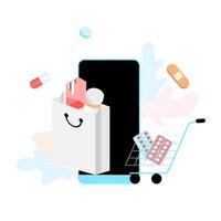 online apotheek app concept van gezondheidszorg, drogisterij en e-commerce. vector van geneesmiddelen op recept, EHBO-kit en medische benodigdheden die online worden verkocht via web- of smartphone-applicatietechnologie.