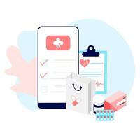 online apotheek app concept van gezondheidszorg, drogisterij en e-commerce. vector van geneesmiddelen op recept, EHBO-kit en medische benodigdheden die online worden verkocht via web- of smartphone-applicatietechnologie.
