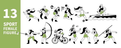 professioneel sport activiteiten set. Dames sporters schets tekens training. basketbal, fietsen, atletiek, Amerikaans voetbal, schermen, boogschieten, badminton, kajakken. voor web, mascotte. lijn illustratie vector