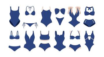 zomer strand bikini en zwemkleding set. elegant vrouwen lingerie en badmode blauw kleur. verzameling zee toevlucht vakantie kleren. zomer vrouw kleding schattig stickers. vlak illustratie. vector