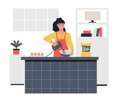 mensen Koken Bij keuken, chef vrouw met menger vector