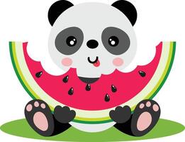 schattig panda zittend aan het eten een plak van watermeloen vector