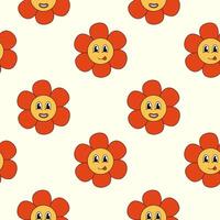 retro naadloos patroon jaren 70 Jaren 60 80s hippie groovy schattig rood bloem tonen tong. glimlachen gezicht. bloem stroom. vlak illustratie. vector