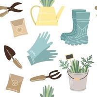 tuin gereedschap en accessoires. tuinieren vlak naadloos patroon. gieter kan, emmer, laarzen, handschoenen, planten, Schep, hooivork, tuin scharen. vector