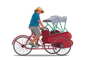 riksja becak tegal. een Mens rijden fiets riksja geïsoleerd Aan wit achtergrond. vector