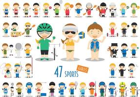 groot reeks van 47 schattig tekenfilm sport tekens voor kinderen. grappig tekenfilm meisjes. Olympische Spelen sport- illustraties vector