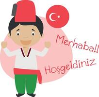 illustratie van tekenfilm tekens gezegde Hallo en Welkom in Turks vector