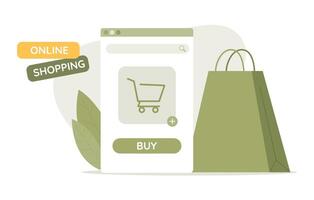 online markt. boodschappen doen kar Aan scherm. recycle tas. online boodschappen doen concept vector