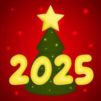 gelukkig nieuw jaar 2025. 3d Kerstmis boom en 2025 Aan rood achtergrond. illustratie. vrolijk Kerstmis vector