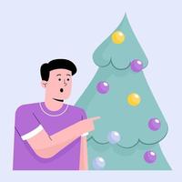 gelukkige man met groene kerstboom vector