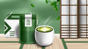 kraftpapier folie ritssluitingszak voedsel opstaand zakje met groene thee latte beker met japanse achtergrond. vector