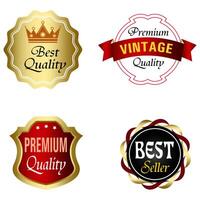 reeks van kwaliteit badges en etiketten ontwerp elementen. gouden insigne etiketten en laurier retro wijnoogst verzameling. embleem premie luxe logo in retro stijl sjabloon badges verzameling. vector