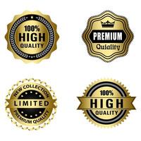 reeks van kwaliteit badges en etiketten ontwerp elementen. gouden insigne etiketten en laurier retro wijnoogst verzameling. embleem premie luxe logo in retro stijl sjabloon badges verzameling. vector