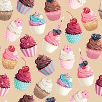 naadloos patroon met hoog gedetailleerd pastel roze cupcakes met bessen en kaarsen vector