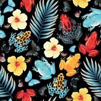naadloos patroon met tropisch bloemen en kikkers Aan zwart achtergrond vector