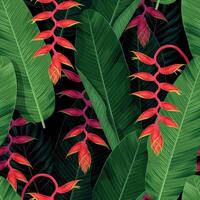naadloos patroon met rood tropisch bloemen en palm bladeren vector