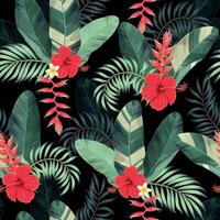 naadloos patroon met rood tropisch bloemen en palm bladeren Aan zwart achtergrond vector
