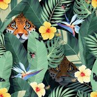 naadloos patroon met jaguar en palm bladeren met tropisch bloemen vector