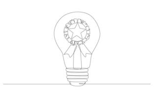 doorlopend een lijn tekening van licht lamp met ster insigne binnen, het beste idee voor werk of bedrijf, winnend idee in wedstrijd concept, single lijn kunst. vector