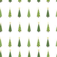 naadloze patroon van cartoon kerstbomen, dennen voor wenskaart, uitnodiging, banner, web, verpakking. nieuwjaar en kerstboom traditioneel symbool met slingers, gloeilamp, ster. vector