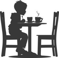 silhouet weinig jongen zittend Bij een tafel in de cafe zwart kleur enkel en alleen vector