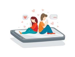 onliman en vrouw met behulp van smartphone en zittend aan de telefoon met veel harten rond, internet liefde concept. online dating, correspondentie van geliefden. virtuele liefdesrelatie vector