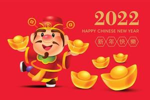 chinees nieuwjaar 2022 groet. cartoon god van rijkdom houdt goudstaven vast met wat goudstaven op de grond. rood nieuwjaar thema banner ontwerp vector