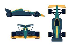 drie keer bekeken van formule 1 racing auto - kant, bovenkant, voorkant. vervoer van extreem sport. snel voertuig Aan vier wielen. kampioenschap. model- van auto. vlak stijl. kleur afbeelding. geïsoleerd. illustratie vector