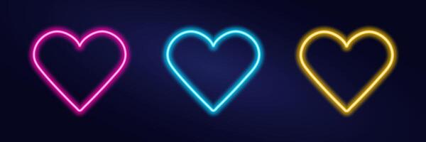 reeks van neon harten - blauw, roze, geel. verlichte symbool van liefde Aan donker achtergrond. veelkleurig markeren van grens element. gloed Cupido. Valentijn dag. geïsoleerd. schets. illustratie vector