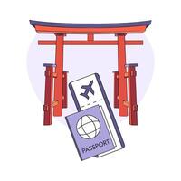 torii, paspoort, vlak ticket. reis naar Japan. reizen naar Azië. oostelijk religieus mijlpaal - rood poort, Ingang naar de tempel. vlucht, buitenlands document. vakantie, rust uit. kleur afbeelding. illustratie vector