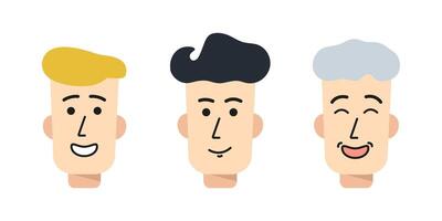 avatars van Heren. hoofd jongen, jong jongen, oud Mens. verzameling gezicht van glimlachen karakters. mannetje mensen. reeks van portretten met positief emoties. vlak stijl. kleur afbeelding. geïsoleerd. illustratie vector