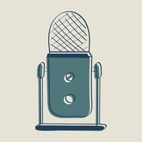 studio microfoon bureaublad voor podcasts, streamen. Mick met stellage, monteren. uitrusting voor nasynchronisatie, stem opnemen, technologie. tekening stijl. getrokken geïsoleerd. kleur schets afbeelding. illustratie. vector