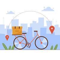 stadskoerierbezorging milieuvriendelijke service op de fiets. fiets met doos, pakket of pakket aan boord. online bestelling stedelijk verzendconcept. vectorillustratie in vlakke stijl.