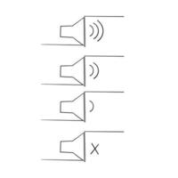 handgetekende pictogram dat het geluid verhoogt en vermindert. pictogram dat de mute-functie weergeeft. een set geluidspictogrammen met verschillende signaalniveaus in een doodle-stijl. vector