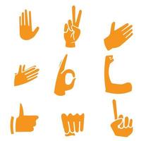 doodle alle hand emojis gebaren vector iconen set. biceps, vuist, gevouwen handen, overwinningshandemoji's. emoticon gebaar illustraties cartoon stijl