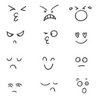 handgetekende cartoon gezichten. expressieve ogen en mond, lachende, huilende en verbaasde gezichtsuitdrukkingen. karikatuur komische emoties of emoticon doodle. vector