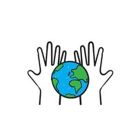 handgetekende palm hand en aarde symbool voor save earth illustratie doodle stijl vector