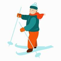 een jongen staat op ski's in winterkleren vector