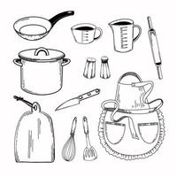 keukengerei. een pan, een frituren pan met een zwart handvat, een meten beker, een garde, een mes, een snijdend bord, een zout shaker, een peper molen. rollend pin voor deeg. voor keuken, fornuis, ontwerp, textiel vector