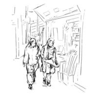 schetsen van twee moslim Dames wandelen Bij markt vector