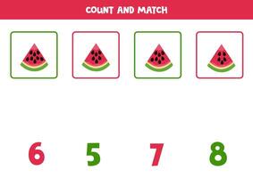 tellen spel voor kinderen. tellen allemaal watermeloen zaden en bij elkaar passen met nummers. werkblad voor kinderen. vector